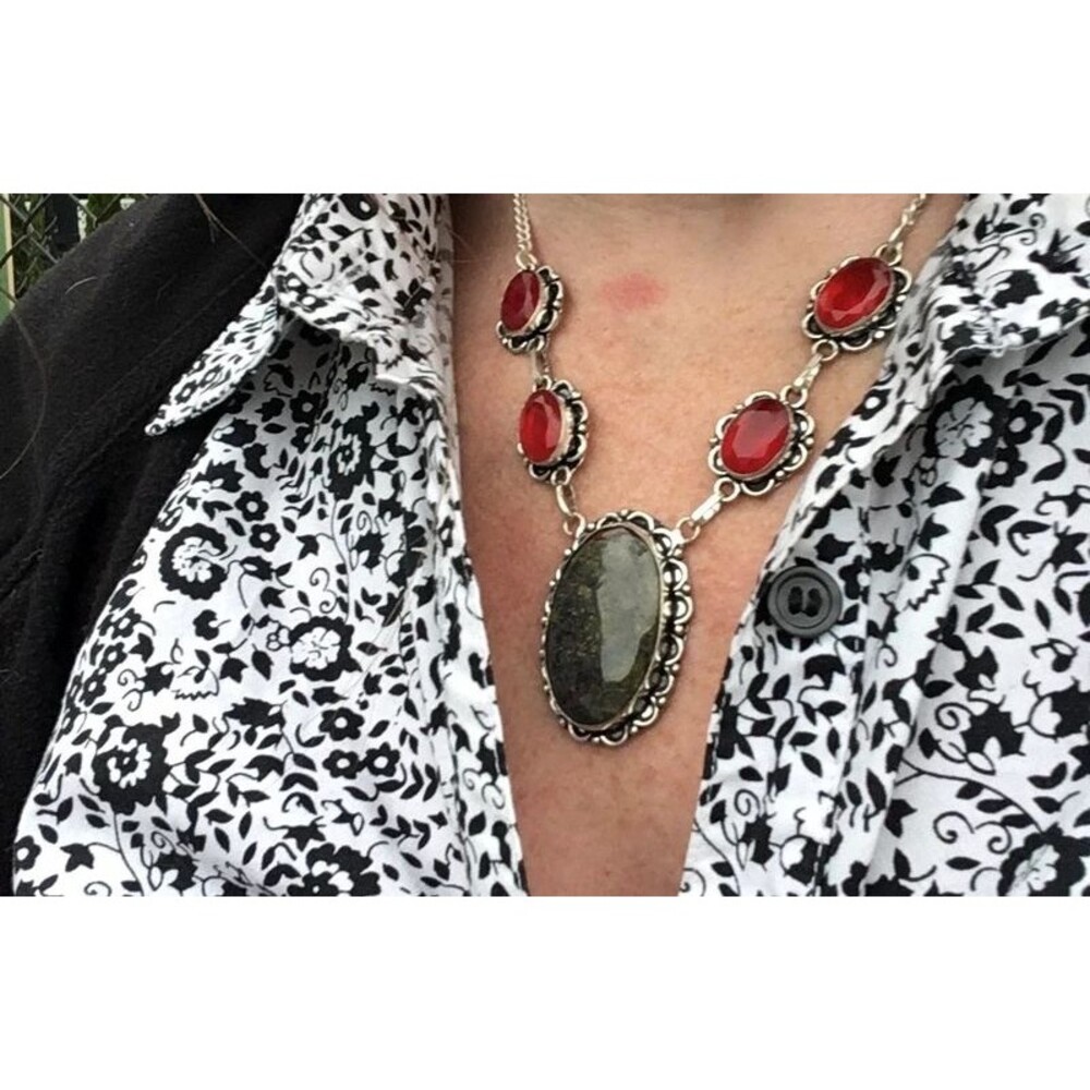 Forest Agate Necklace with Red Accents – Silver‑Plated (Stamped 925)